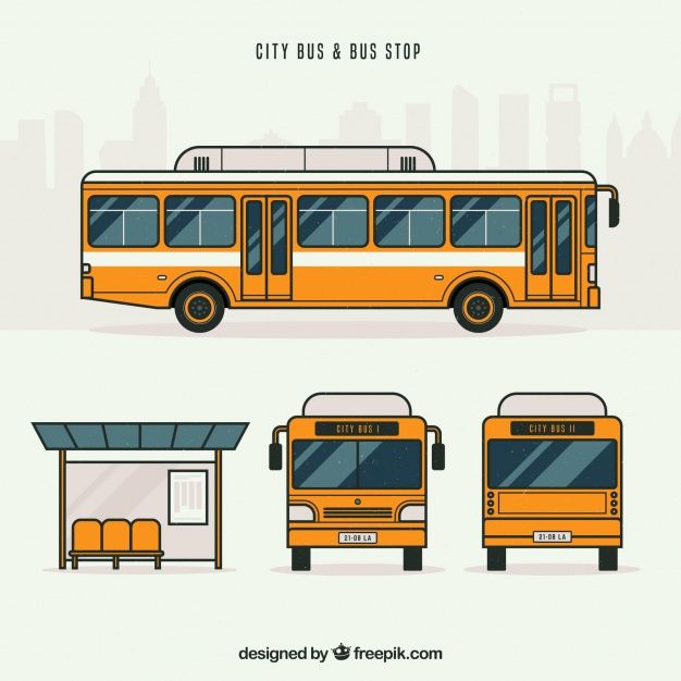 the city bus and bus stop is shown in three different styles, including one yellow