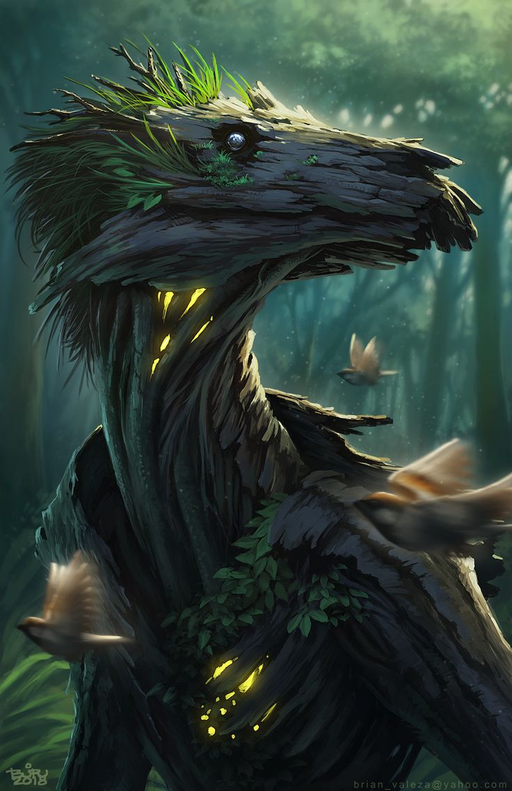 an artistic painting of a creature in the woods