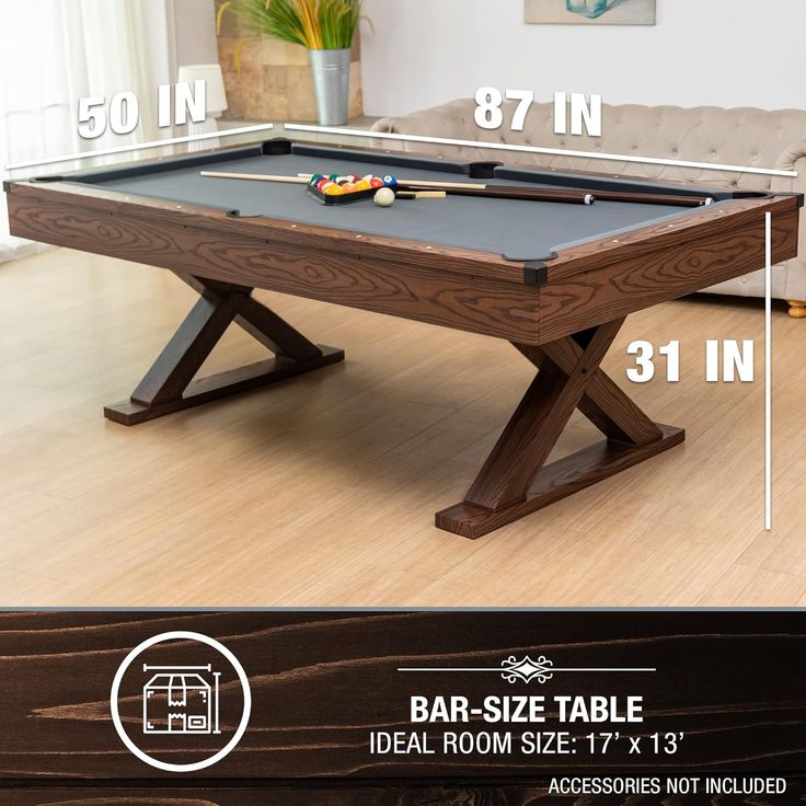 a pool table is shown with measurements for the height and width to fit it's size