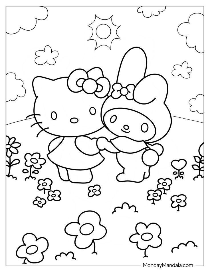 the hello kitty coloring page is shown in black and white, with flowers around it