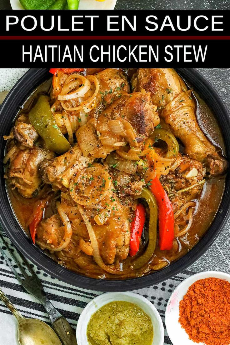 chicken stew in a pan with peppers, onions and jalapenos on the side