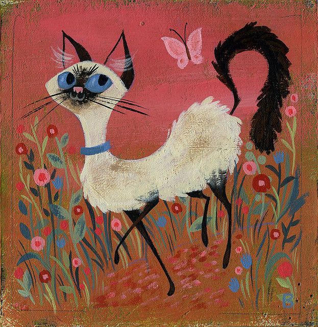 a painting of a siamese cat with blue eyes and black tail walking through flowers