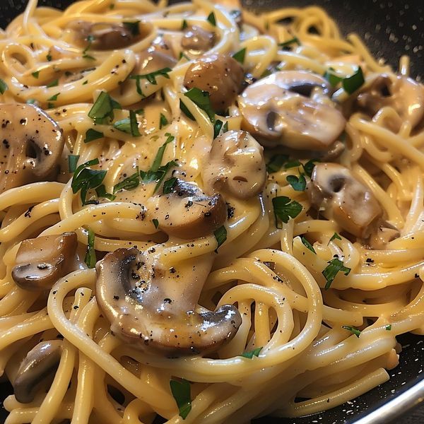 pasta with mushrooms and parmesan cheese in a skillet