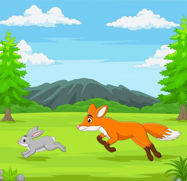 a fox and a rabbit running in the forest