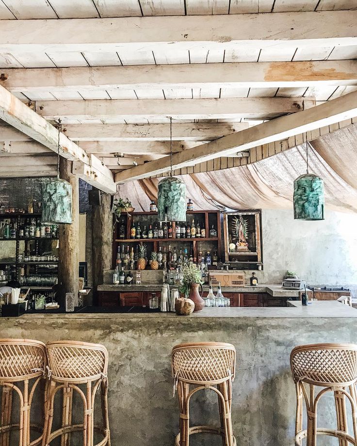 a bar with wicker stools next to it