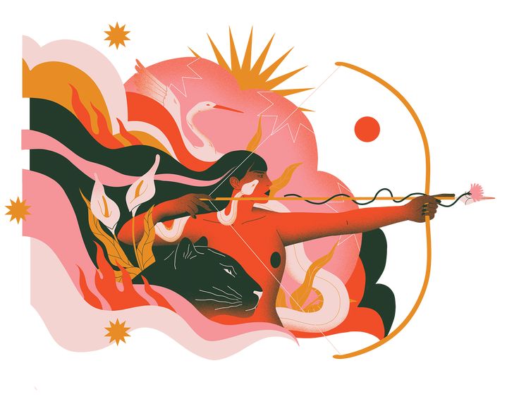 a woman with an arrow in her hand is surrounded by fire and stars, as if she's about to strike the target