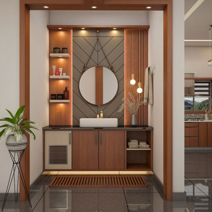 a bathroom with a sink, mirror and shelves on the wall next to a potted plant