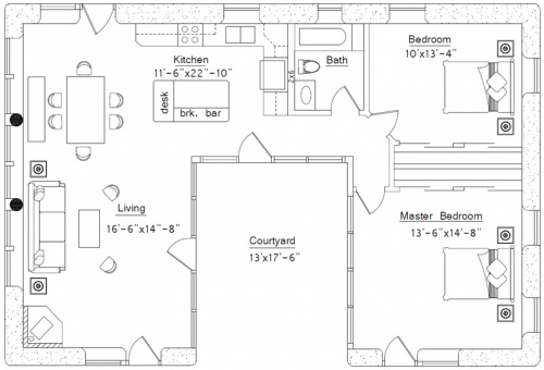 the floor plan for a two bedroom apartment with an attached kitchen and living room area