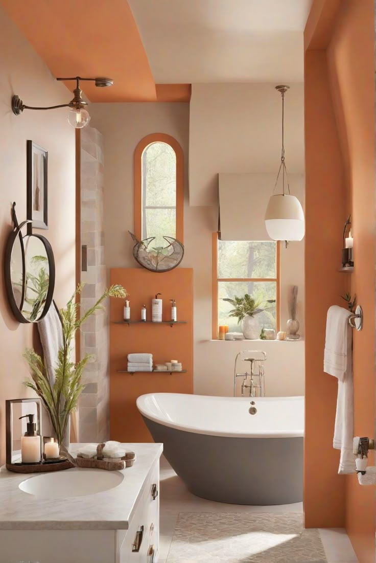 an orange and white bathroom with a claw foot bathtub in the center, two mirrors on the wall