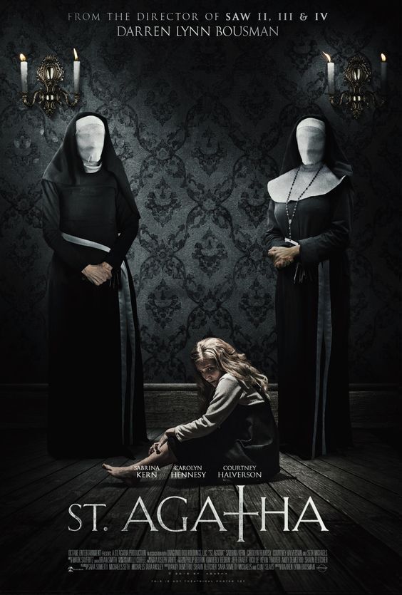 the poster for an upcoming horror film with two women in black robes and one is sitting on