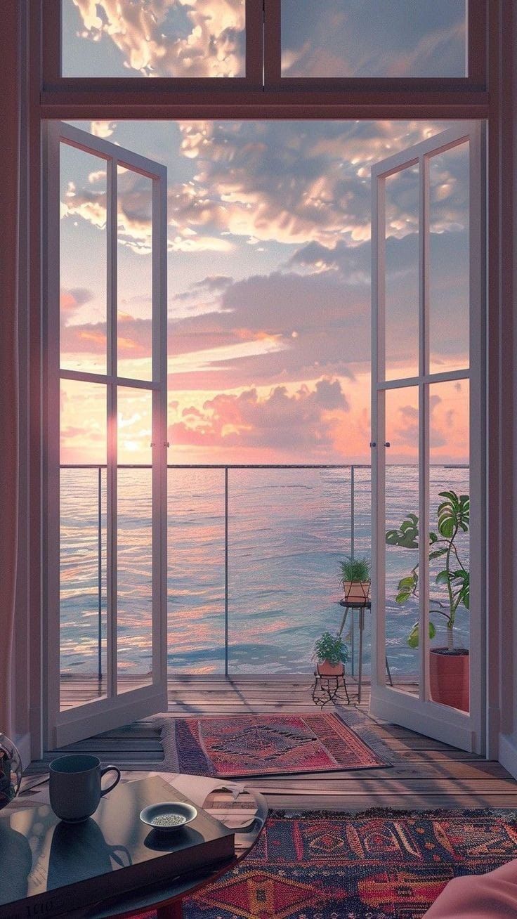 an open window overlooking the ocean at sunset