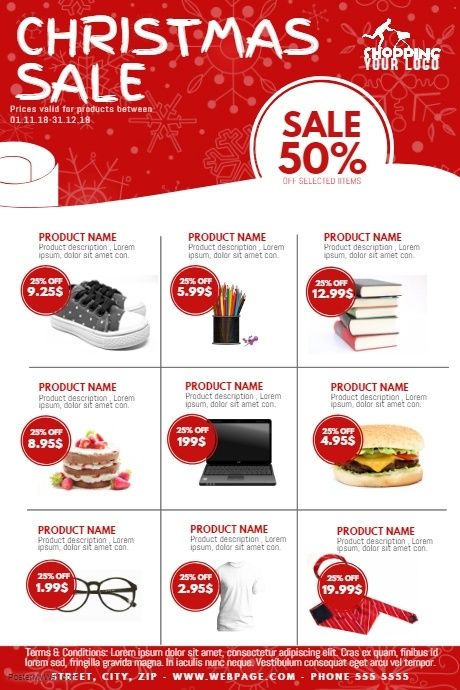 christmas sale flyer with red background and white lettering on it, including items for the holiday season