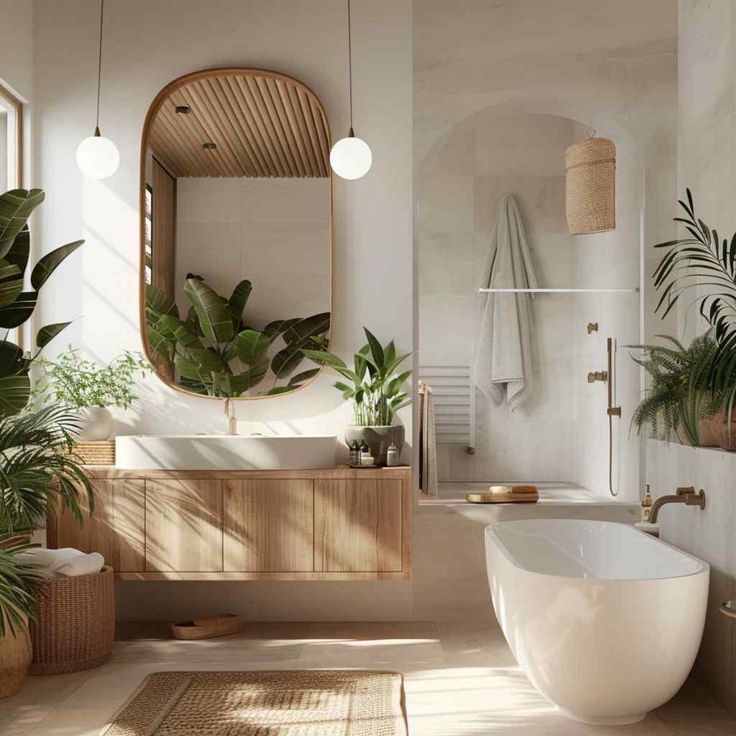 a bath room with a tub a mirror and plants