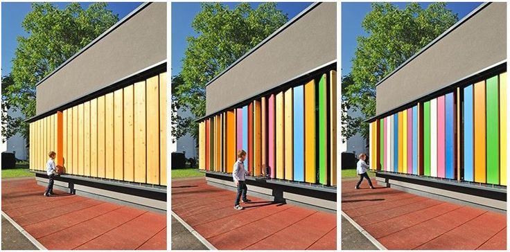 three different images of people walking in front of a multicolored building with trees