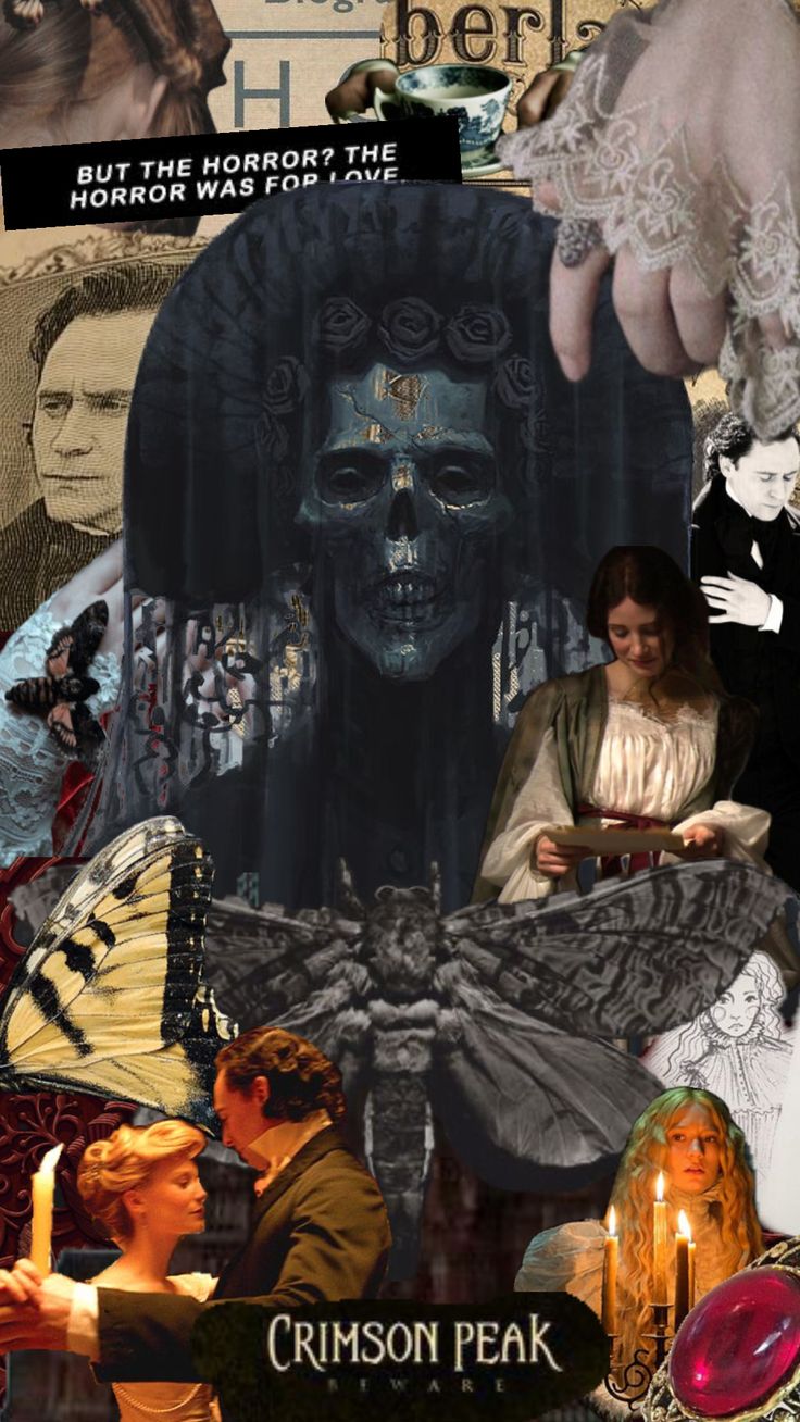 a collage of images with people holding hands in front of them and the words crimson peak written below