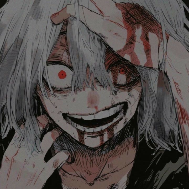 an anime character with white hair and red eyes holding his hand up to his face