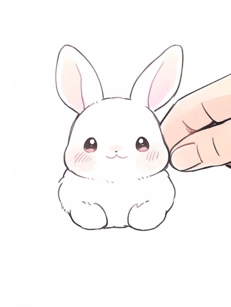 a hand holding a small white rabbit in it's right hand, with the other hand pointing at it