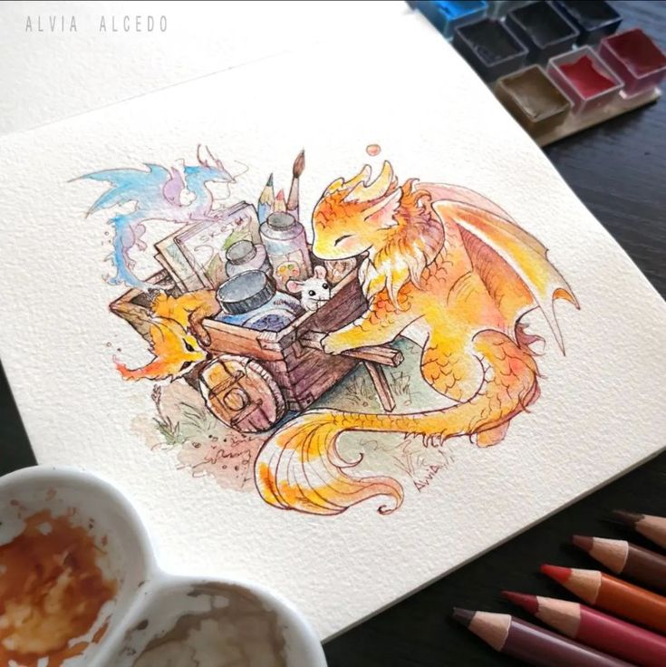 a watercolor drawing of two cats and a dragon