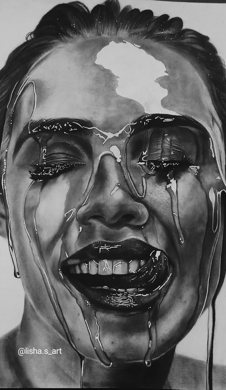 a black and white drawing of a woman's face with dripping paint on it