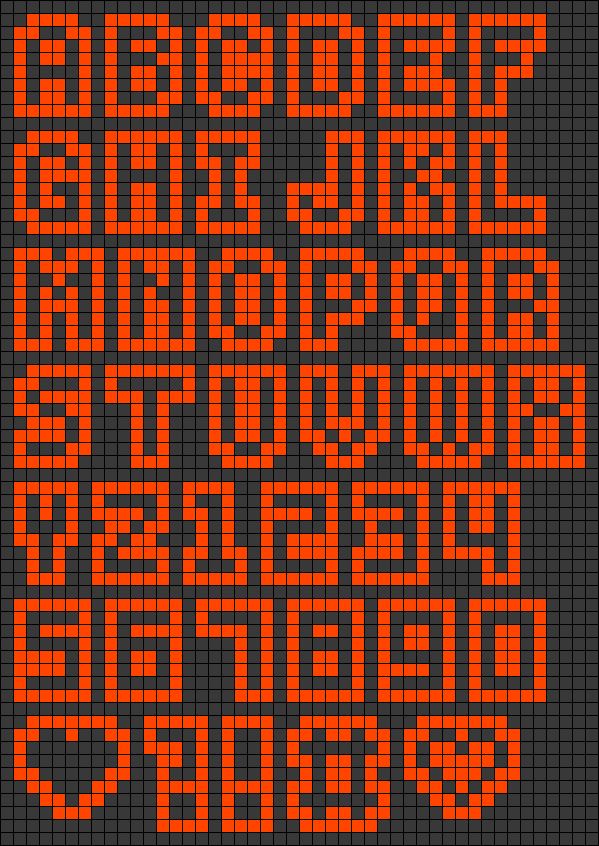 an orange and black pixeled alphabet set