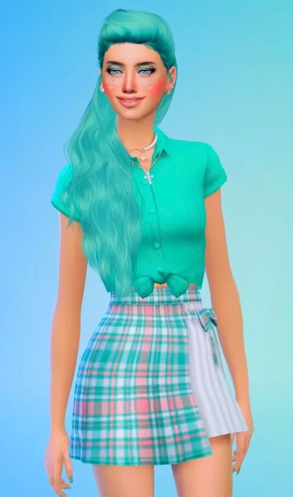 a girl with green hair and blue eyes wearing a plaid miniskirt is standing in front of a blue background