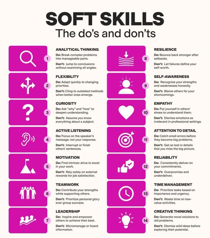 a pink poster with the words soft skills and don't's on it