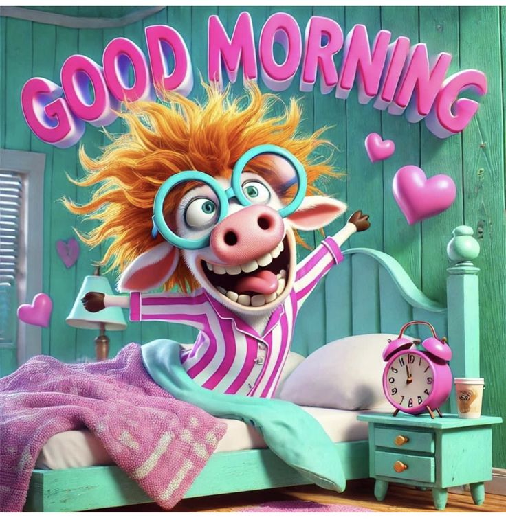 a cartoon cow with glasses on top of a bed next to a pink and green wall