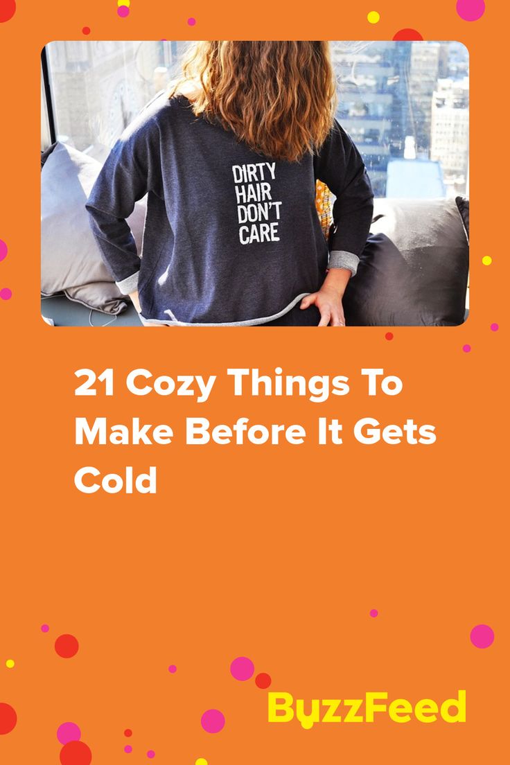 a woman with long hair wearing a sweatshirt that says 21 cozy things to make before it gets cold