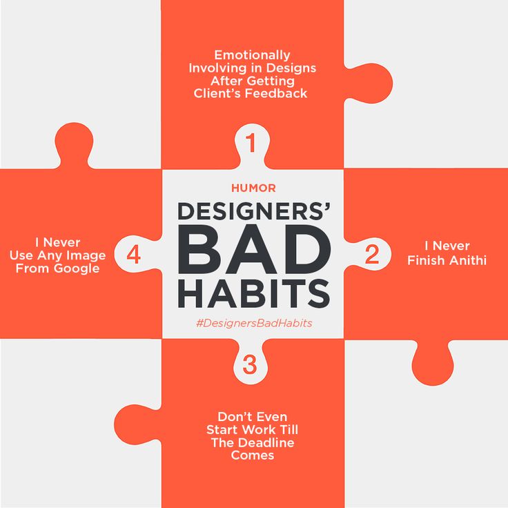 four puzzle pieces with the words designers'bad habitts on them