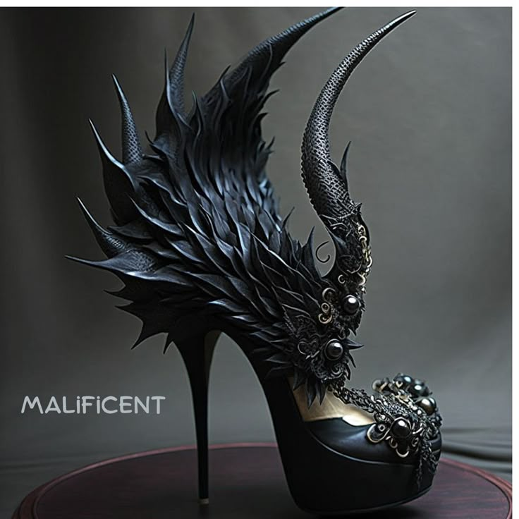 Assassin Heels, Unique High Heels Crazy Shoes, Cool Heels Unique, Maleficent Shoes, Fantasy Shoes Heels, Fantasy High Heels, Gothic Fairy Aesthetic, Nature Inspired Dress, Dragon Heels