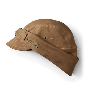 This abrasion-resistant, water-repellent hat is lined with 100% virgin wool sourced from the USA, for sweat-wicking warmth and comfort. It has protective wool neck flaps and earflaps to block wind and driving rain. A D-ring buckle adjustment allows for a custom fit. | Filson Tin Cloth Wildfowl Hat Tan Size 2XL 일본 패션, Dark Tan, Cool Hats, D Ring, No. 2, Custom Fit, Water Repellent, Caps Hats, Hair Hair