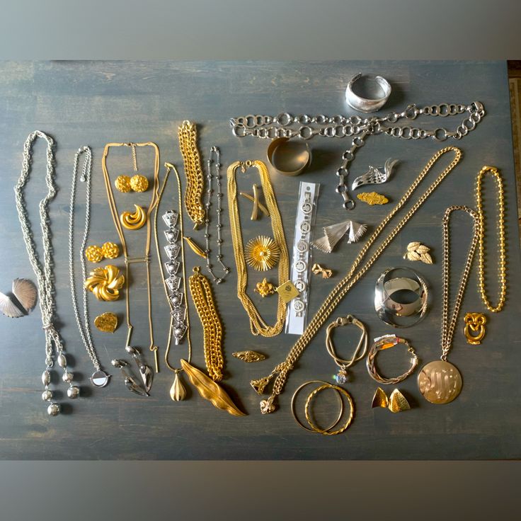 Beautiful Lot Of Mostly Vintage And A Few Modern Gold And Silver Ton Jewelry Pieces. Crown Trifari, Sarah Coventry, Avon, Napier, Monet, Don Lin- Signed And Unsigned Pieces. 40 In All: 16 Brooches, 10 Bracelets, 9 Necklaces, 5 Pair Of Earrings And A Belt. Thanks! All In Good Vintage Condition. Quiet Luxury Jewelry, Pottery Inspo, Trifari Jewelry, Mixed Metal Jewelry, Crown Trifari, Sarah Coventry, Coventry, Mixed Metals, Gold And Silver