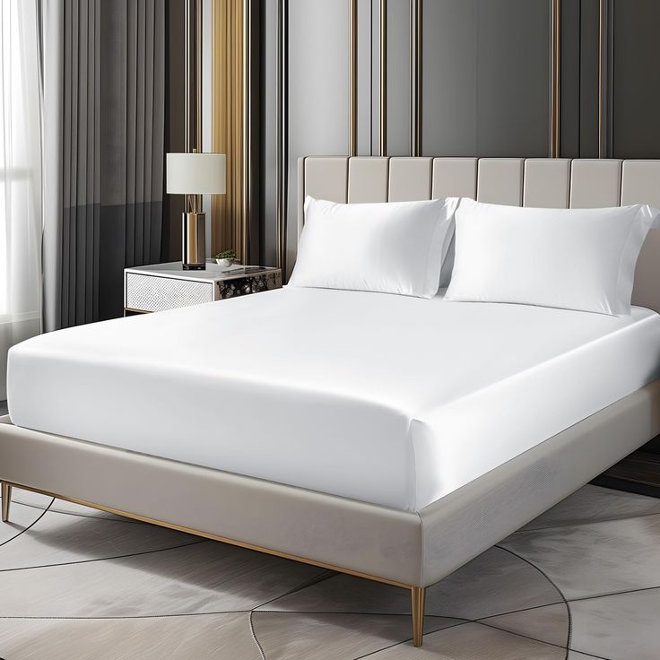 a bed with white sheets and pillows in a room