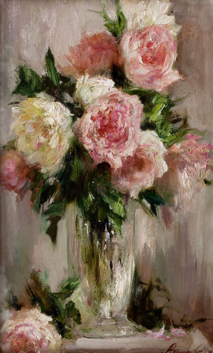 a painting of pink and white flowers in a vase