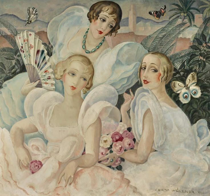 three women in white dresses are sitting on the ground and one is holding a fan