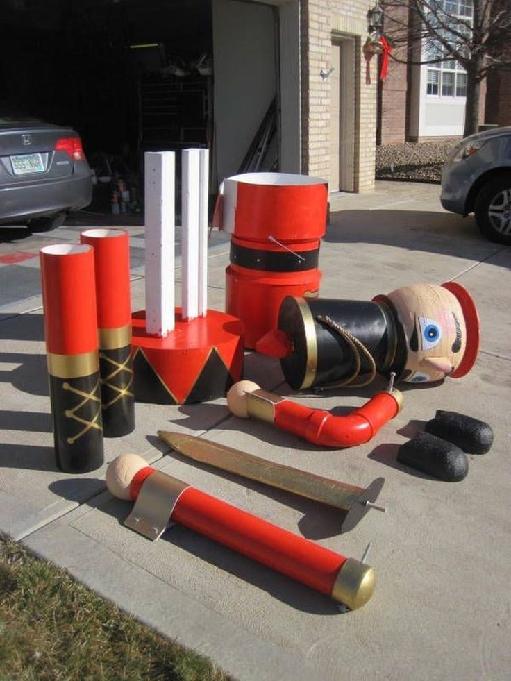 some red and black objects are on the sidewalk