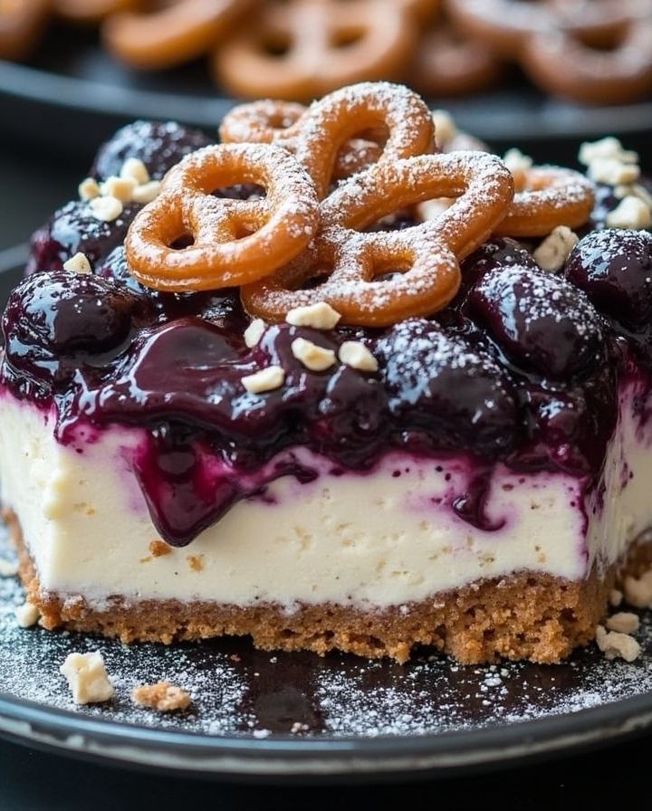 a cheesecake with blueberry sauce and pretzels on top is sitting on a black plate