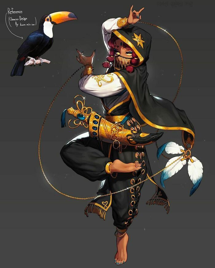 a woman in black and gold is dancing with birds on her head, while another bird flies