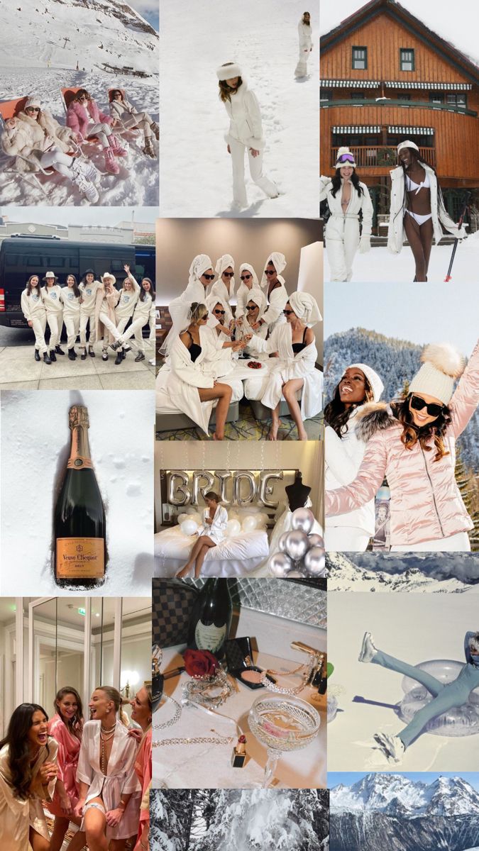 the collage shows many different people in white outfits and hats, including one woman wearing sunglasses