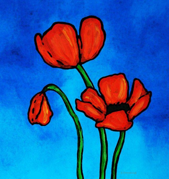 three red flowers on a blue background with watercolors in the bottom right corner