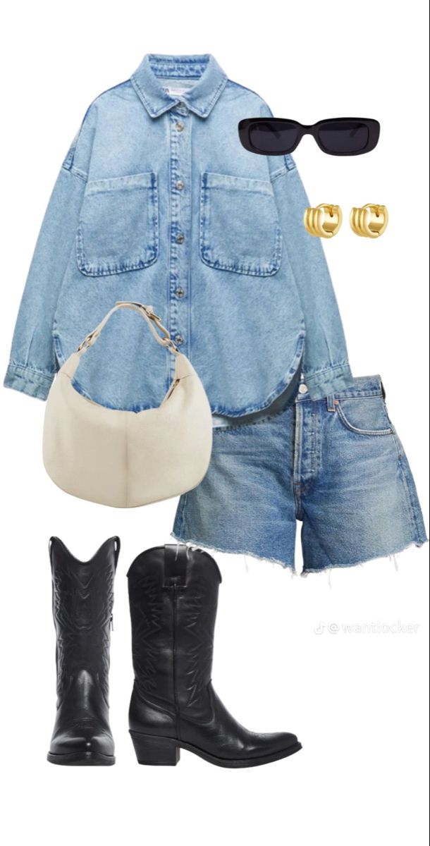 Denim And Boots Outfit, Cowboy Boots Jean Shorts, Coastal Cowgirl Outfit, Outfit Cowboy Boots, Black Rectangle Sunglasses, Outfit Cowboy, Shorts Summer Outfit, Denim Cowgirl, Cowgirl Boots Outfit