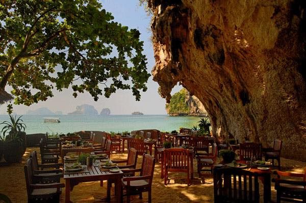 an outdoor dining area with tables and chairs near the water, under a large tree