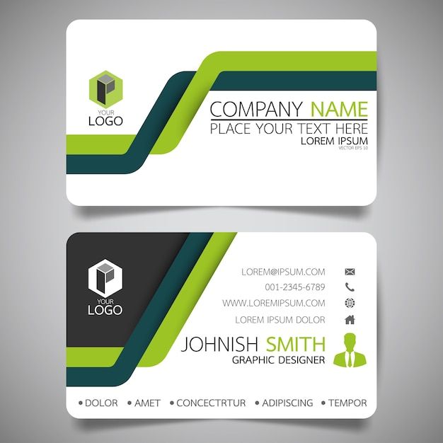 two business cards with green and black lines on the front, back and side sides