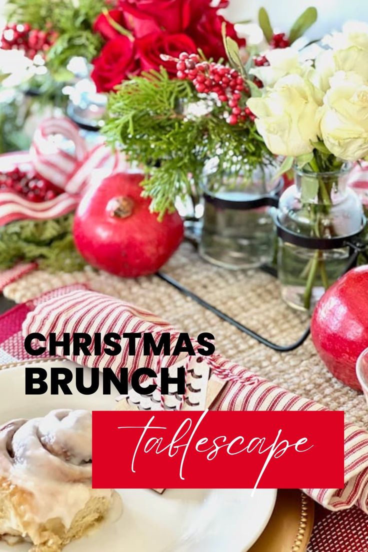 a christmas brunch table setting with apples and flowers