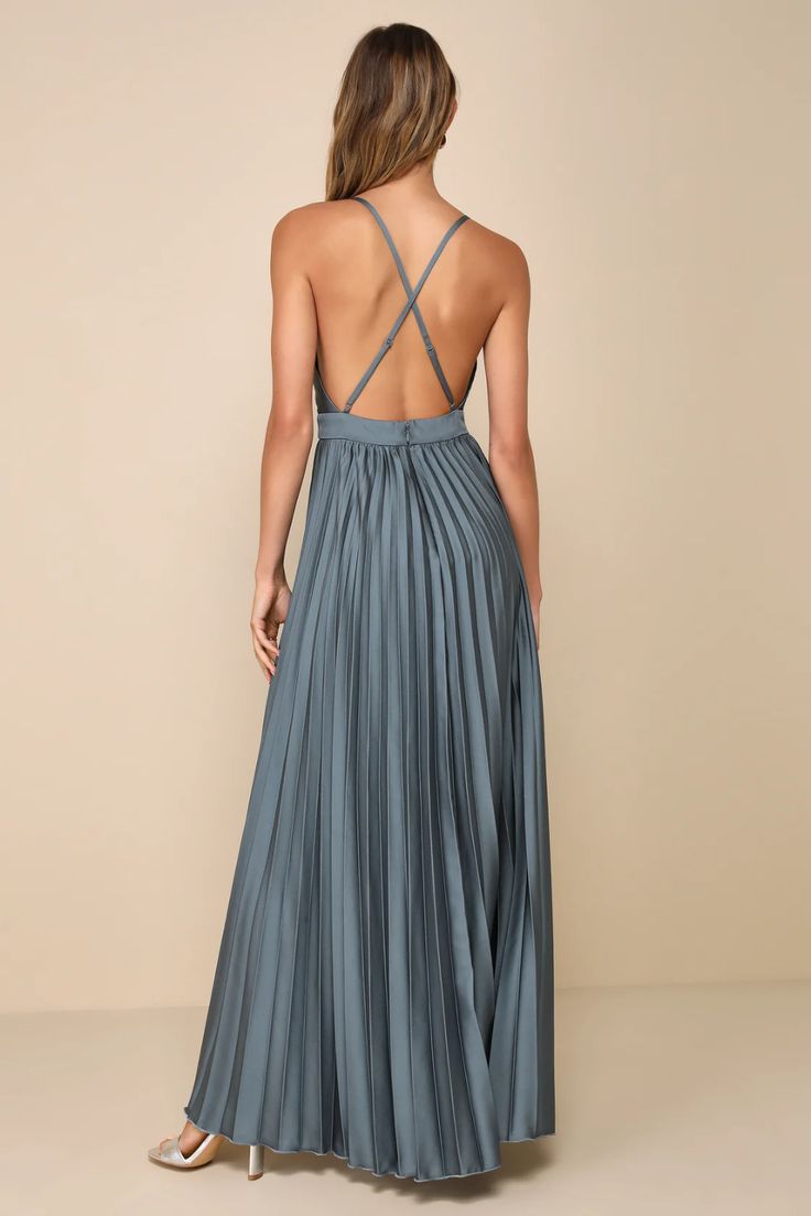 Dark Sage Satin Dress - High-Low Maxi Dress - Backless Maxi Dress - Lulus Pleated Dress Formal, Orange Formal Dresses, Fall Formal Dresses, Gold Formal Dress, Green Formal Dresses, White Dress Formal, Winter Formal Dresses, Dark Sage, Midi Dress Formal