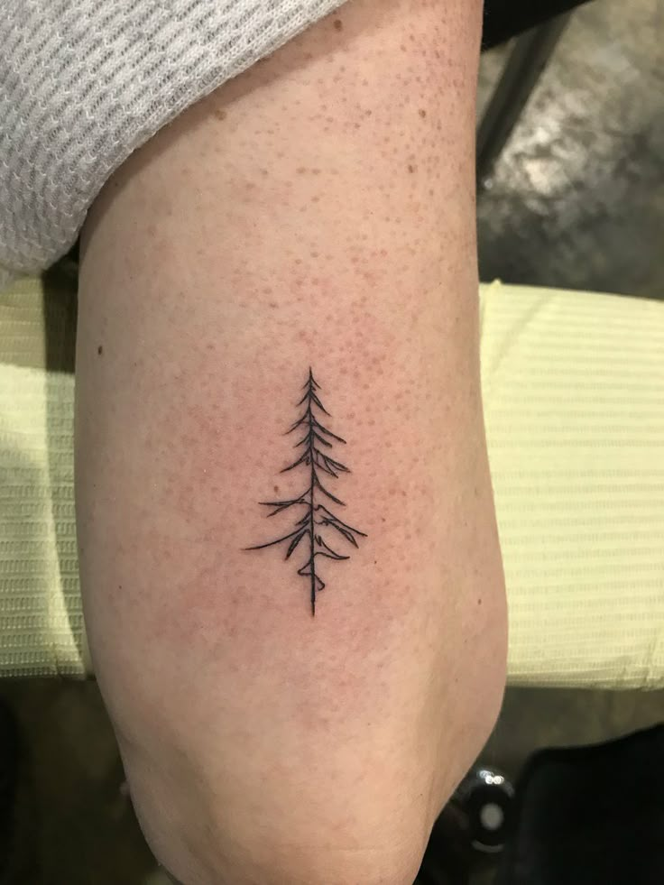 a small pine tree tattoo on the leg