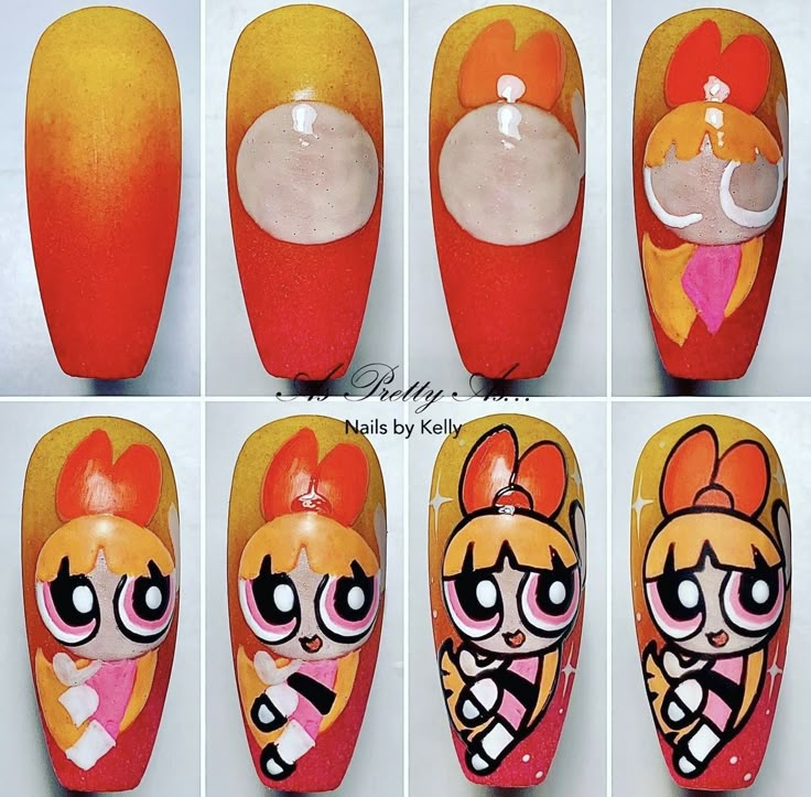 Cartoon Nail Designs Step By Step, Kim Possible Nails, Nail Design Tutorial Step By Step, Character Nail Art Step By Step, Nail Art Tutorial Step By Step, Character Nail Designs, Powerpuff Nails, Nail Art Dessin, Blossom Powerpuff