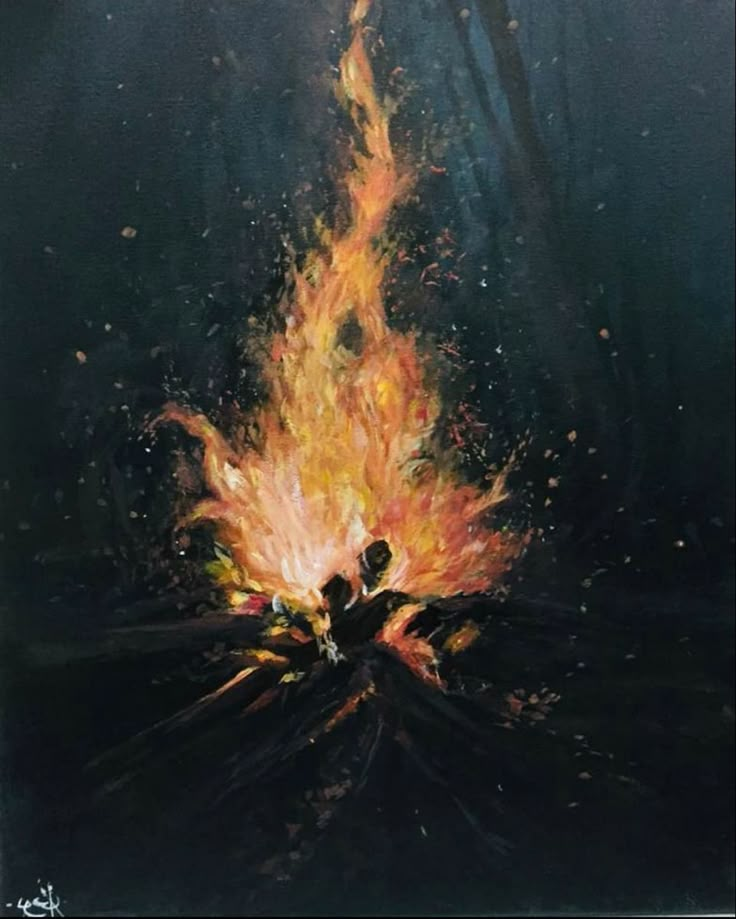 a painting of two people sitting in front of a fire with flames coming out of it