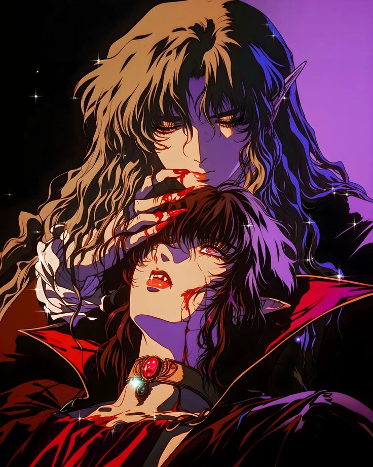 two anime characters with long hair and blood on their faces