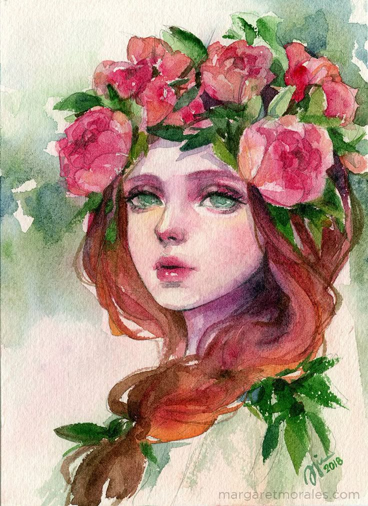 Margaret Morales, Watercolor Girl, Flowers In Her Hair, 수채화 그림, Painting Of Girl, Cat Air, Watercolor Art Lessons, Watercolor Drawing, Watercolor Portraits